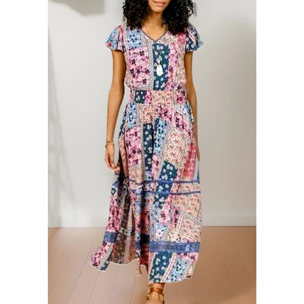 Matilda Jane Wildlife Maxi Dress Pink Teal Floral Boho Patchwork Women's Size XL - Picture 3 of 16